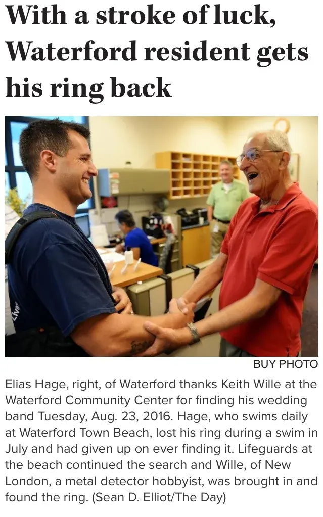 The Day clipping: Elias Hage, right, of Waterford thanks Keith Wille at the Waterford Community Center for finding his wedding band